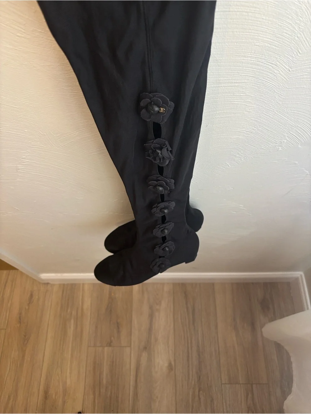 Chanel Camellia Flower Boots -thigh, highs black signature